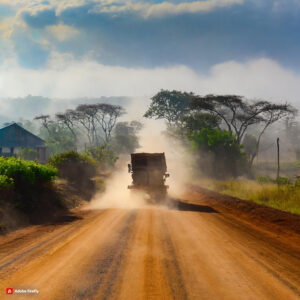 Truck on a dusty road in Liberia AI-generated