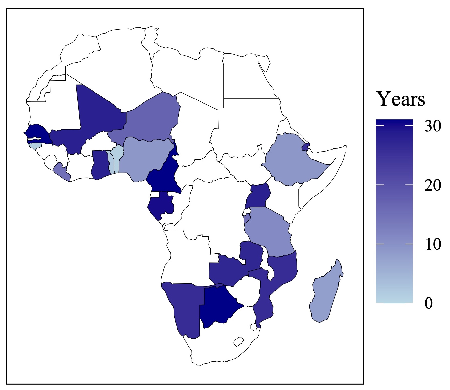 Map of associational power-sharing in Africa (1990–2020), Mauritius not shown due to its size and location. 