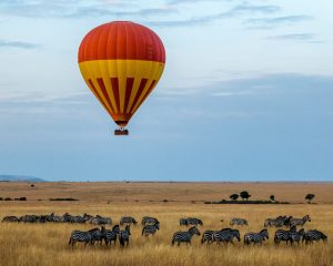 En luftballong flyger över savannen med zebror