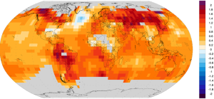 Världskarta som visar trender i hur jordens medeltemperatur varierar.